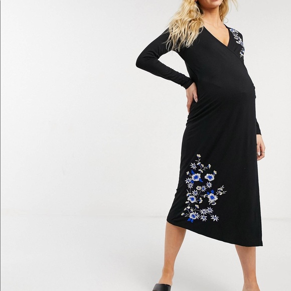 ASOS Maternity Midi Wrap Dress Floral Embroidery Black - Picture 1 of 10